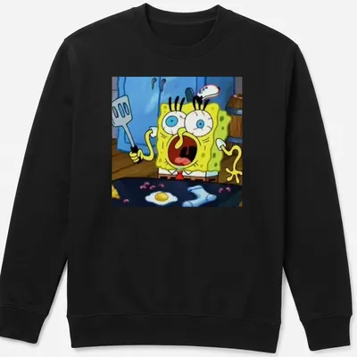 Cartoon design of SpongeBob SquarePants yelling with a spatula in vibrant colors — printed on a unisex sweatshirt