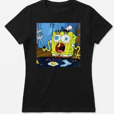 Cartoon design of SpongeBob SquarePants yelling with a spatula in vibrant colors — printed on a women's shirt