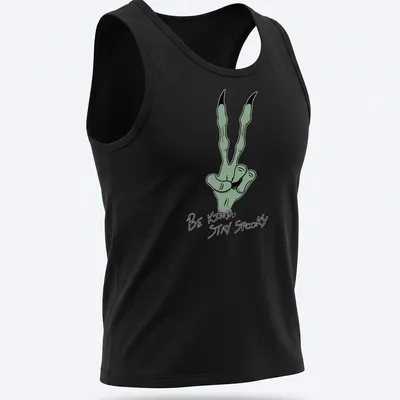 Cartoonish green hand gesture with 'Be Kind, Stay Spooky' text in black and white — printed on a tank top