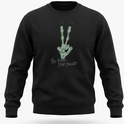 Cartoonish green hand gesture with 'Be Kind, Stay Spooky' text in black and white — printed on a unisex sweatshirt