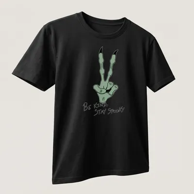 Cartoonish green hand gesture with 'Be Kind, Stay Spooky' text in black and white — printed on a unisex t-shirt (angled view)