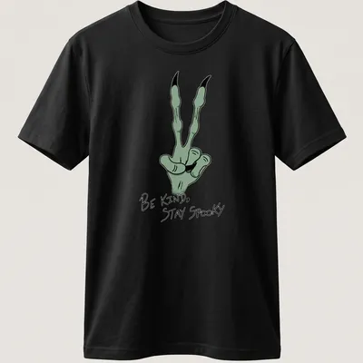 Cartoonish green hand gesture with 'Be Kind, Stay Spooky' text in black and white