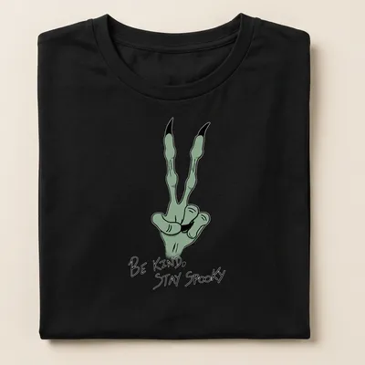 Cartoonish green hand gesture with 'Be Kind, Stay Spooky' text in black and white — printed on a women's shirt