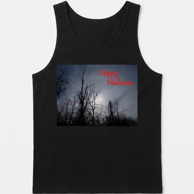 Photographic print of spooky trees with Happy Halloween text in red — printed on a tank top
