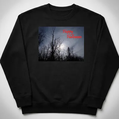 Photographic print of spooky trees with Happy Halloween text in red — printed on a unisex sweatshirt