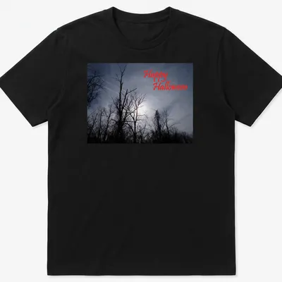 Photographic print of spooky trees with Happy Halloween text in red
