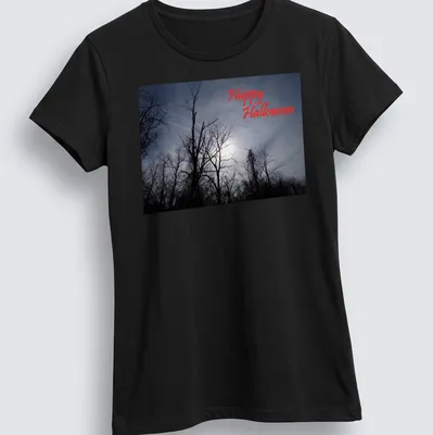 Photographic print of spooky trees with Happy Halloween text in red — printed on a women's shirt