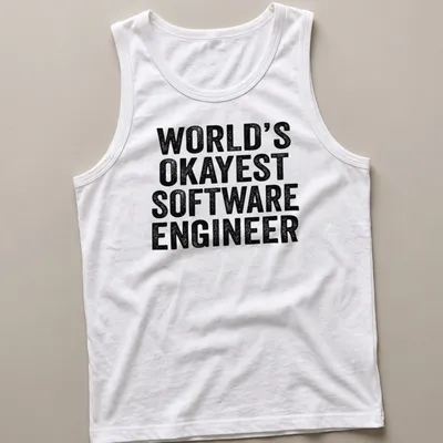 Distressed t-shirt featuring the text World's Okayest Software Engineer — printed on a tank top