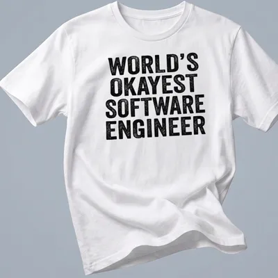 Distressed t-shirt featuring the text World's Okayest Software Engineer