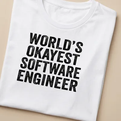 Distressed t-shirt featuring the text World's Okayest Software Engineer — printed on a women's shirt