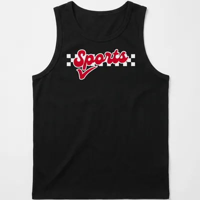 Bold script Sports T-shirt in red with a straightforward design. — printed on a tank top
