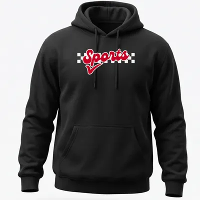 Bold script Sports T-shirt in red with a straightforward design. — printed on a unisex hoodie