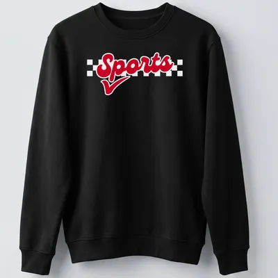 Bold script Sports T-shirt in red with a straightforward design. — printed on a unisex sweatshirt