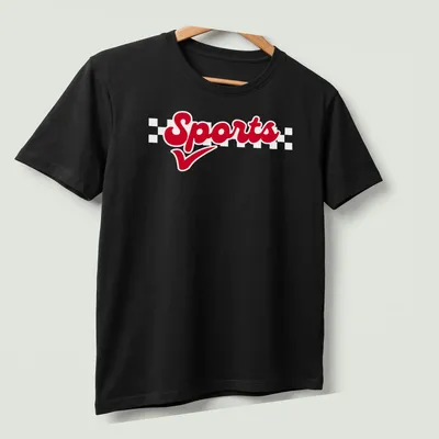 Bold script Sports T-shirt in red with a straightforward design. — printed on a unisex t-shirt (angled view)