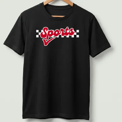 Bold script Sports T-shirt in red with a straightforward design.