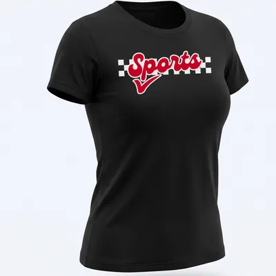 Bold script Sports T-shirt in red with a straightforward design. — printed on a women's shirt