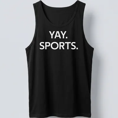 Playful sports-themed t-shirt with 'Yay Sports' text and various sports graphics. — printed on a tank top