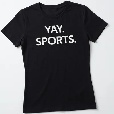 Playful sports-themed t-shirt with 'Yay Sports' text and various sports graphics. — printed on a women's shirt