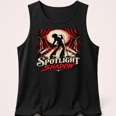 Vintage concert poster t-shirt featuring a singer in spotlight with bold text — printed on a tank top