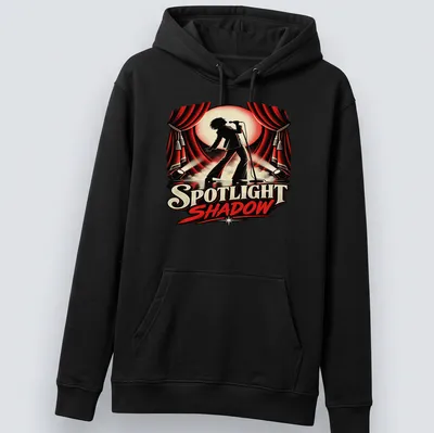 Vintage concert poster t-shirt featuring a singer in spotlight with bold text — printed on a unisex hoodie