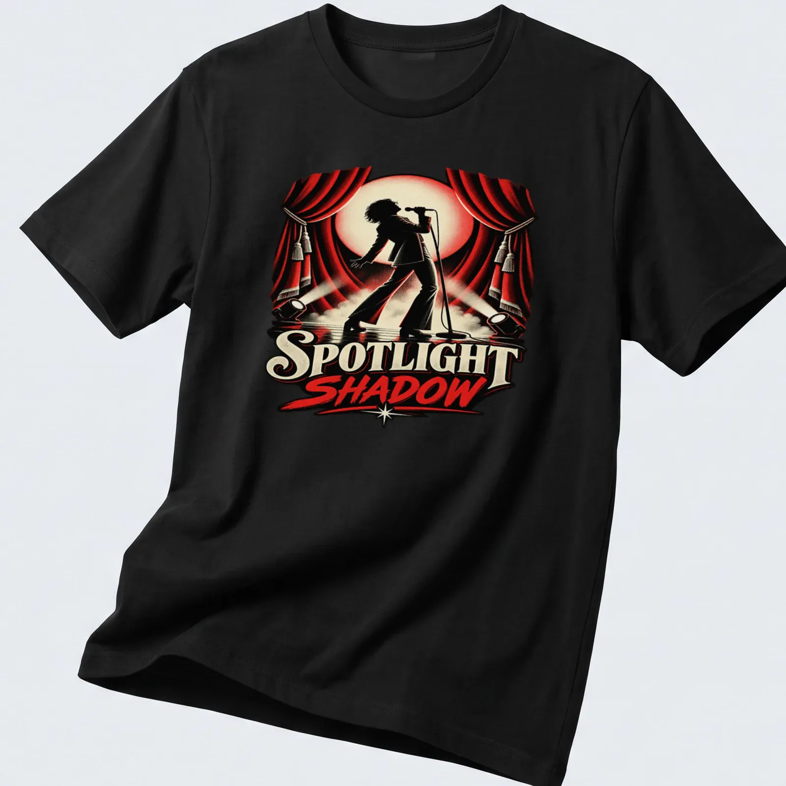 Vintage concert poster t-shirt featuring a singer in spotlight with bold text — printed on a unisex t-shirt