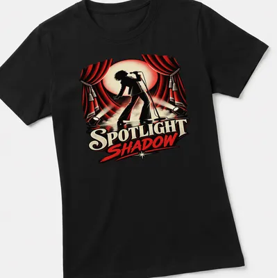 Vintage concert poster t-shirt featuring a singer in spotlight with bold text — printed on a women's shirt