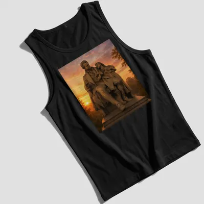 Realistic print of the Statue of Gallaudet with a child in warm colors — printed on a tank top
