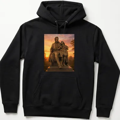 Realistic print of the Statue of Gallaudet with a child in warm colors — printed on a unisex hoodie