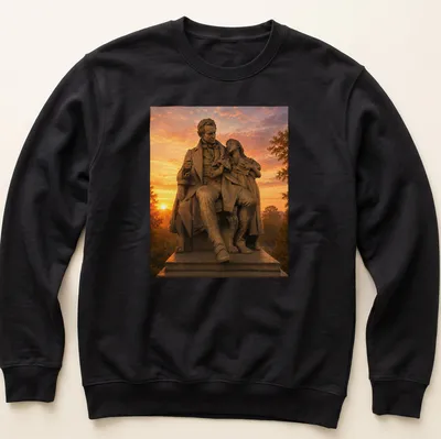 Realistic print of the Statue of Gallaudet with a child in warm colors — printed on a unisex sweatshirt