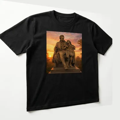 Realistic print of the Statue of Gallaudet with a child in warm colors — printed on a unisex t-shirt (angled view)