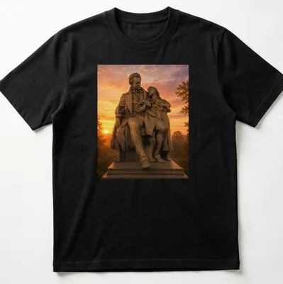 Realistic print of the Statue of Gallaudet with a child in warm colors