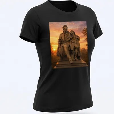 Realistic print of the Statue of Gallaudet with a child in warm colors — printed on a women's shirt