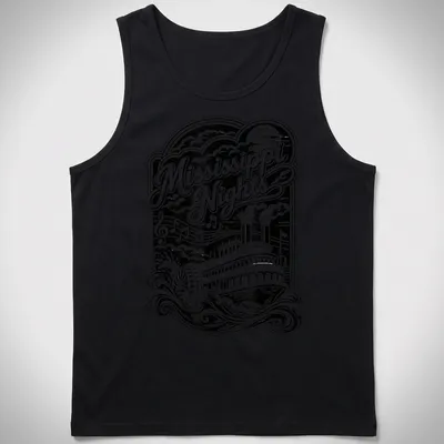 Vintage black and white steamboat graphic with 'Mississippi Nights' text — printed on a tank top