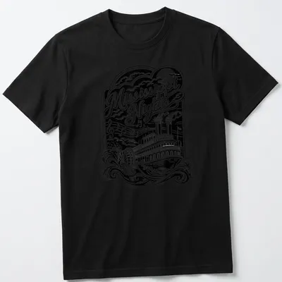 Vintage black and white steamboat graphic with 'Mississippi Nights' text