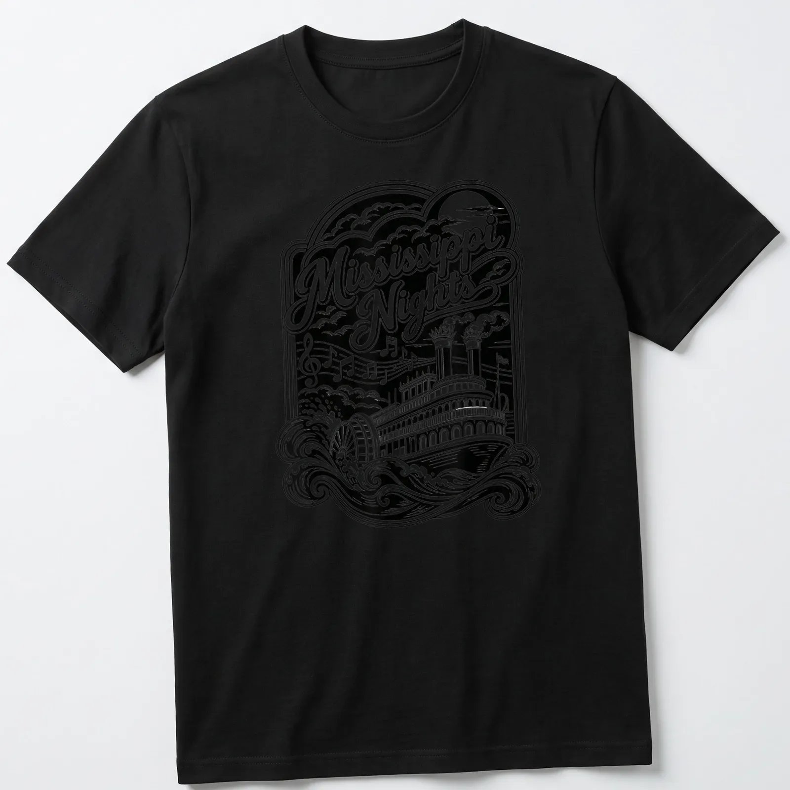 Vintage black and white steamboat graphic with 'Mississippi Nights' text — printed on a unisex t-shirt