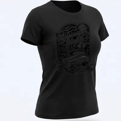 Vintage black and white steamboat graphic with 'Mississippi Nights' text — printed on a women's shirt