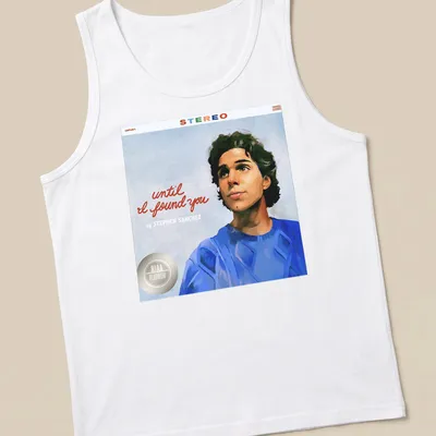 Illustrative portrait of Stephen Sanchez with printed text below — printed on a tank top