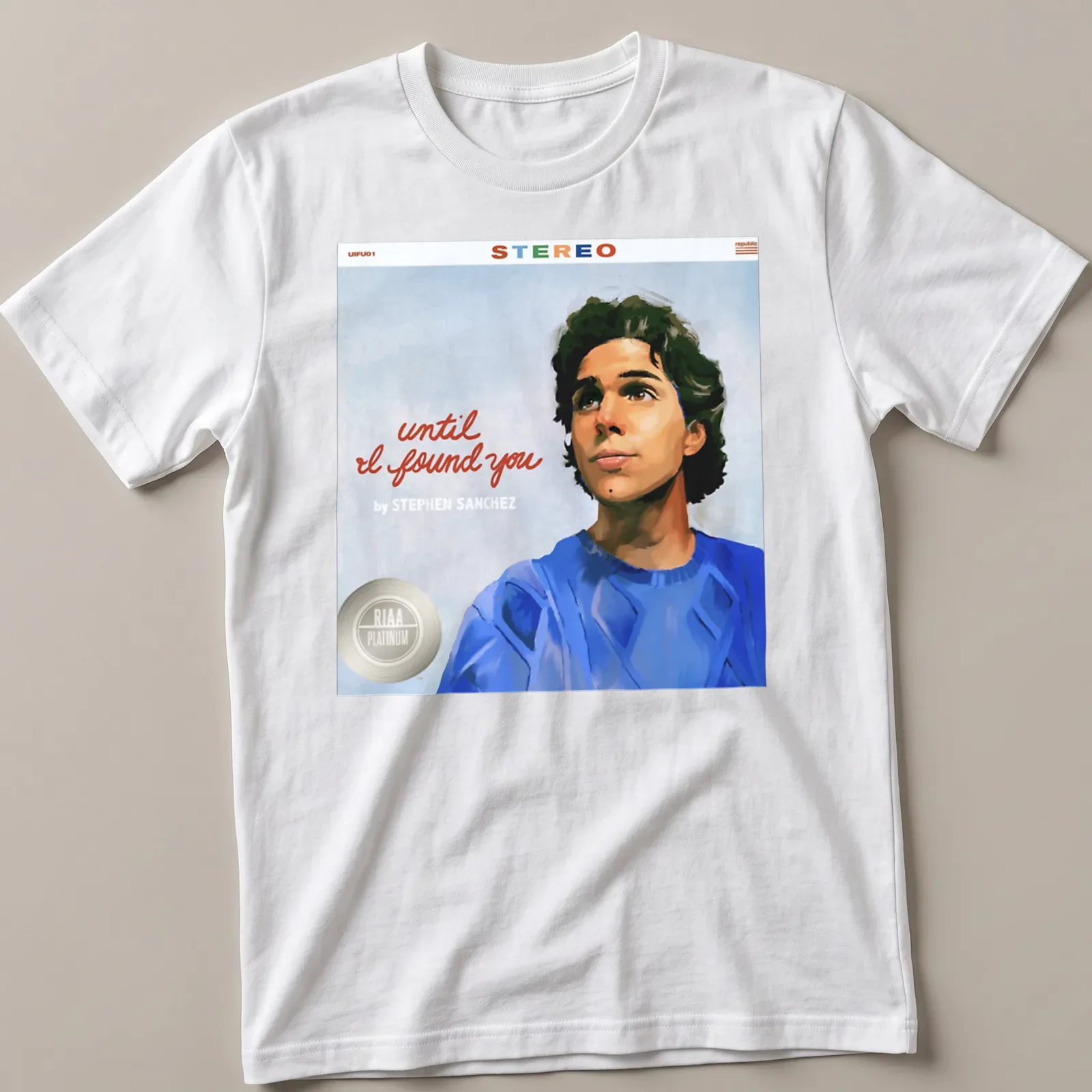Illustrative portrait of Stephen Sanchez with printed text below — printed on a unisex t-shirt