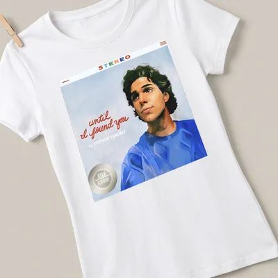 Illustrative portrait of Stephen Sanchez with printed text below — printed on a women's shirt