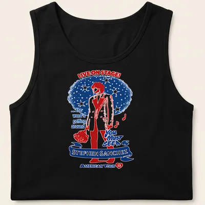 Vintage concert-style shirt with Stephen Sanchez tour details in red, blue, and white — printed on a tank top