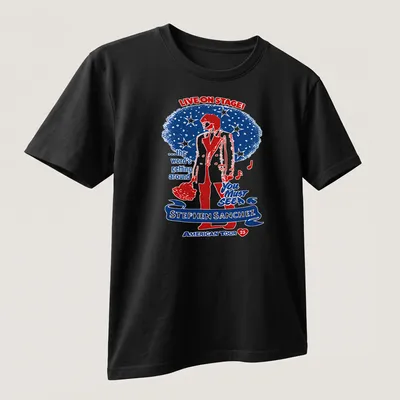 Vintage concert-style shirt with Stephen Sanchez tour details in red, blue, and white — printed on a unisex t-shirt (angled view)