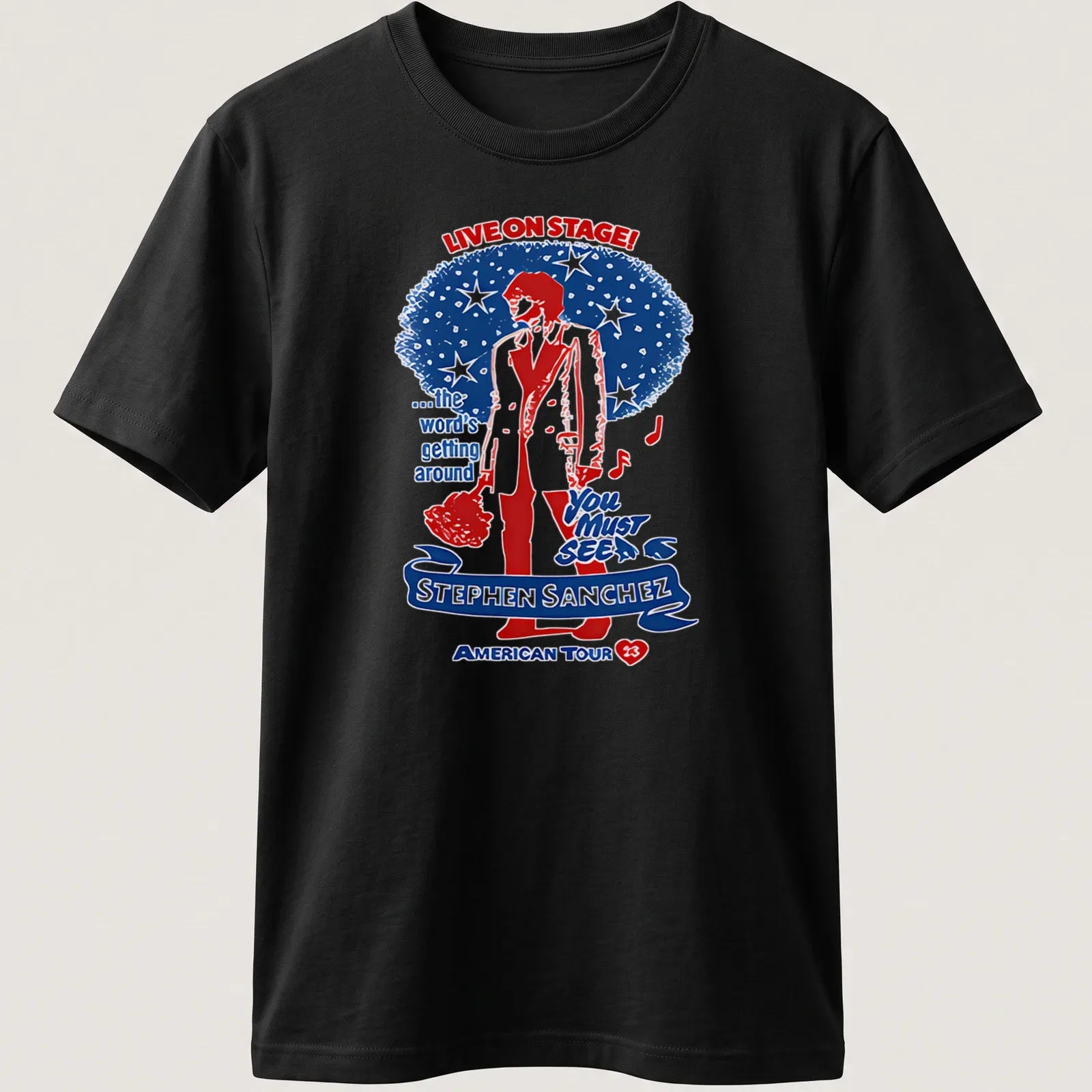 Vintage concert-style shirt with Stephen Sanchez tour details in red, blue, and white — printed on a unisex t-shirt