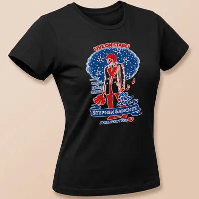 Vintage concert-style shirt with Stephen Sanchez tour details in red, blue, and white — printed on a women's shirt