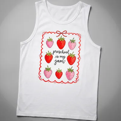 Colorful strawberry design with playful text celebrating preschool joy — printed on a tank top