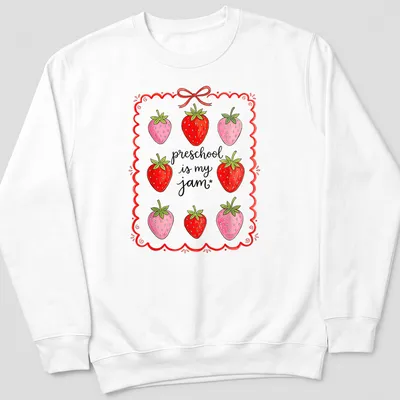 Colorful strawberry design with playful text celebrating preschool joy — printed on a unisex sweatshirt