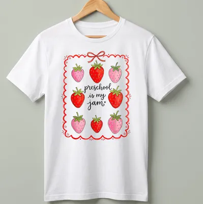 Colorful strawberry design with playful text celebrating preschool joy