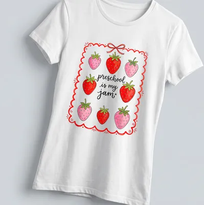 Colorful strawberry design with playful text celebrating preschool joy — printed on a women's shirt