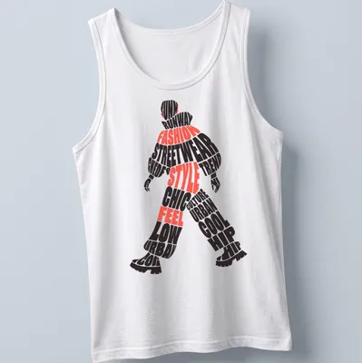 Bold typographic design featuring streetwear phrases in black and red — printed on a tank top
