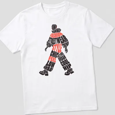 Bold typographic design featuring streetwear phrases in black and red