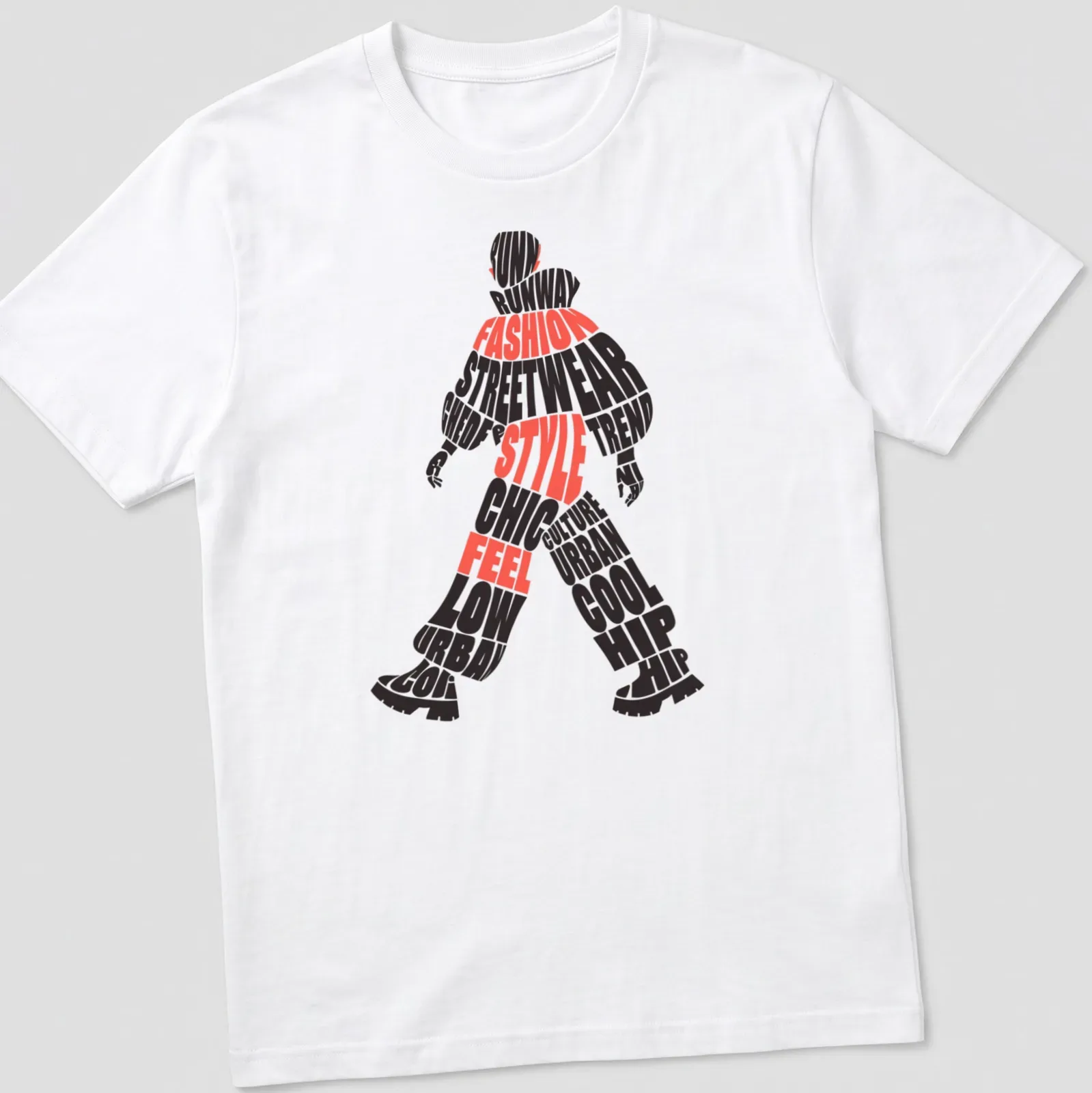 Bold typographic design featuring streetwear phrases in black and red — printed on a unisex t-shirt